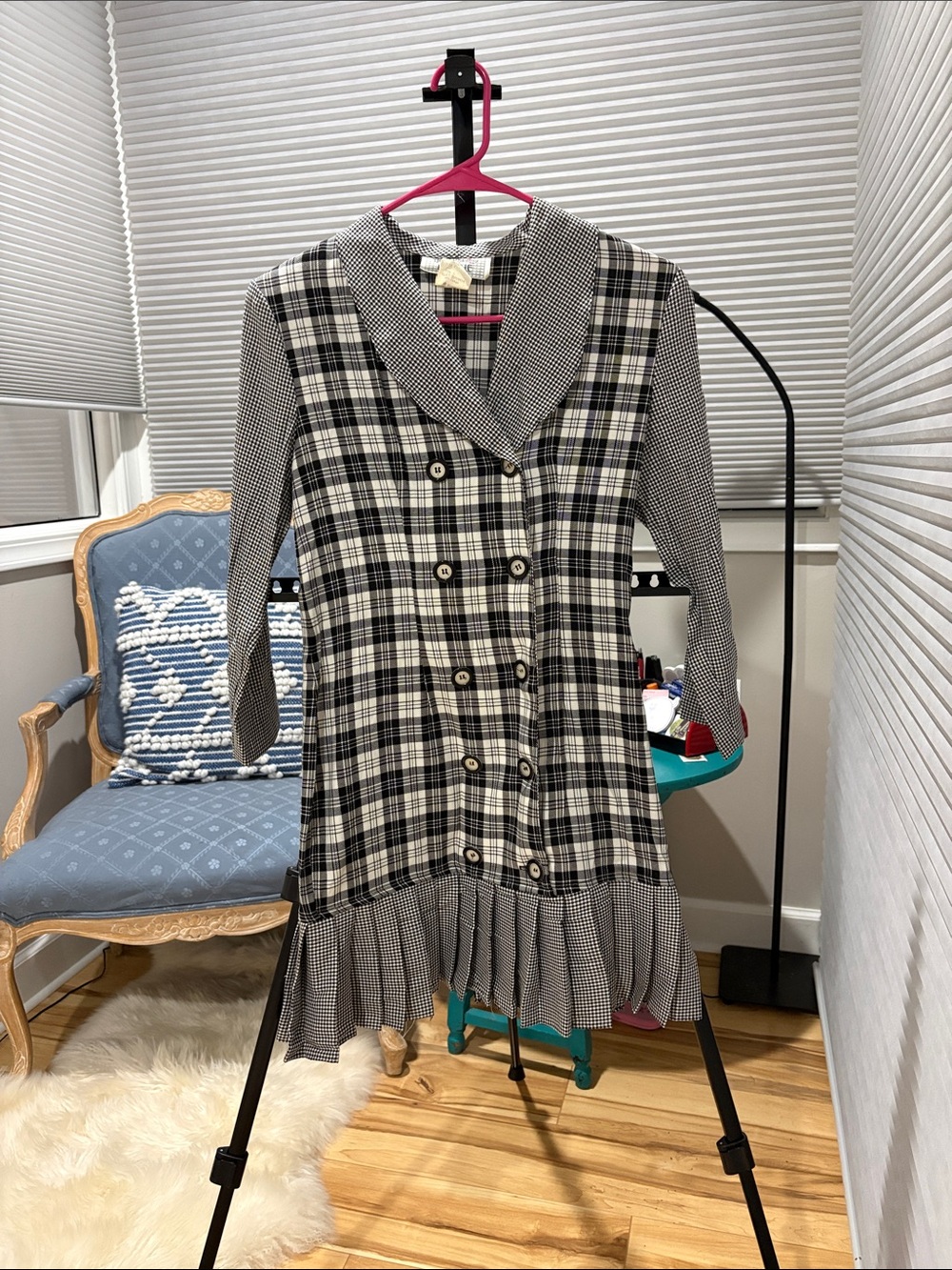Plaid Double-Breasted Women’s Coat Dress - Black & White